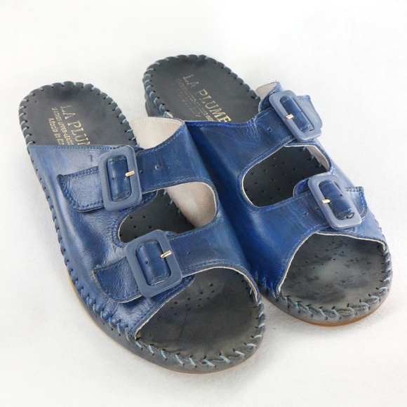 La Plume Shoes - LA PLUME Italian Blue Leather Double Strap Sandals